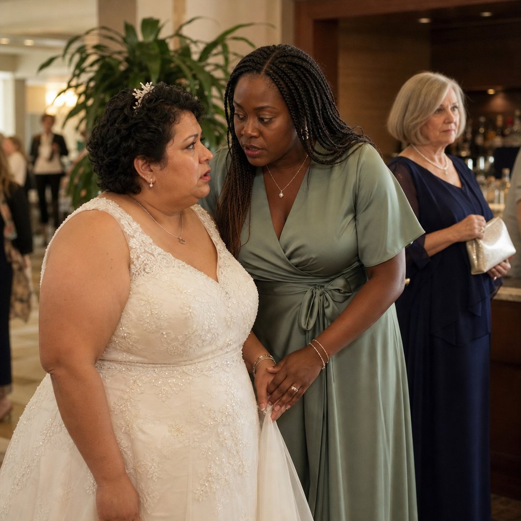The maid of honor whispers urgently to the bride while the mother-in-law watches from across the lobby.