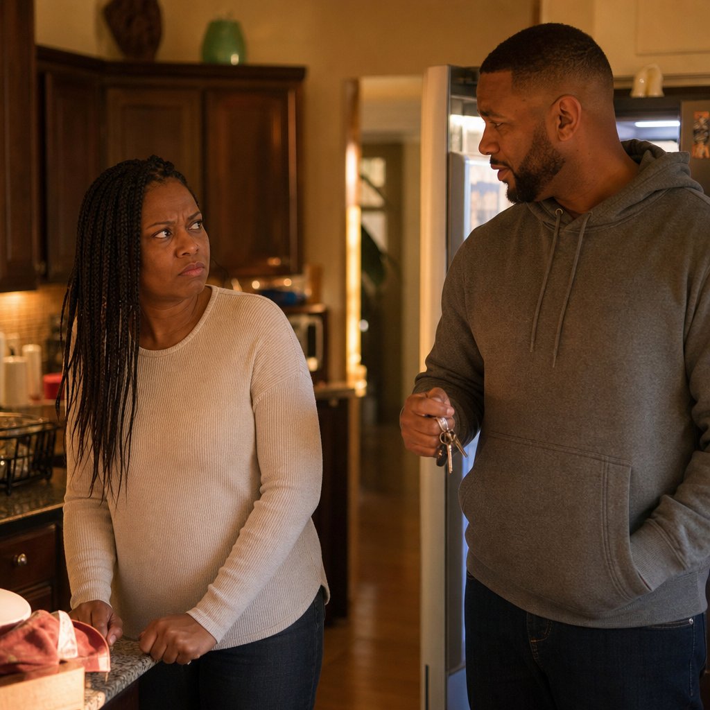In a kitchen, a tense woman with long box braids watches her husband holding keys as if about to leave, his face calm.