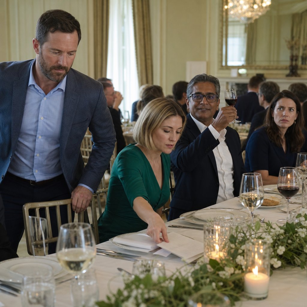 A keycard peeks under Cal’s napkin as Tessa hurriedly covers it during the welcome dinner.