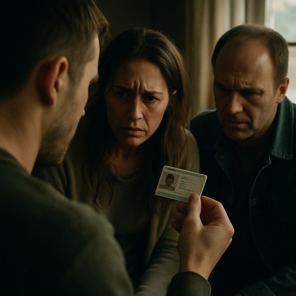 Close-up of ID card showing middle name, with people reacting around it