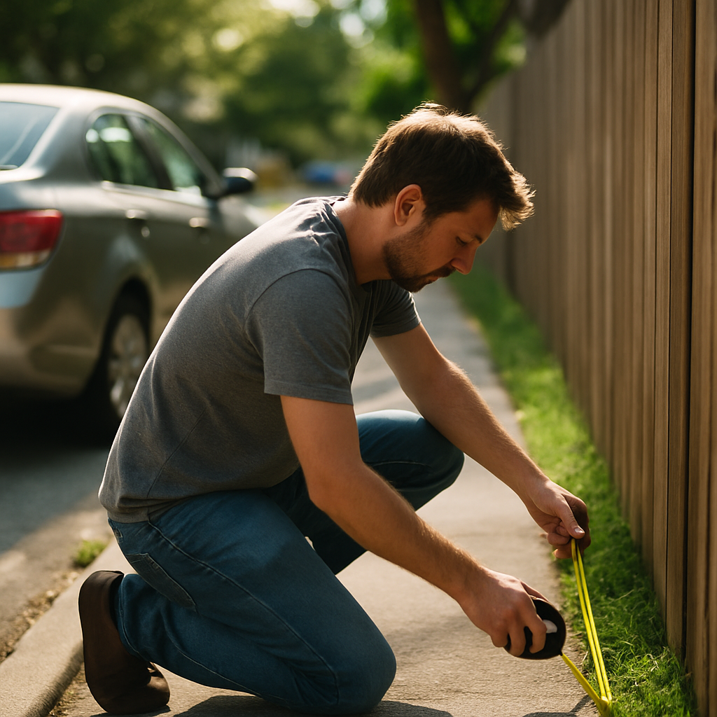 Man measuring distance from curb to fence with tape measure in suburban neighborhood.