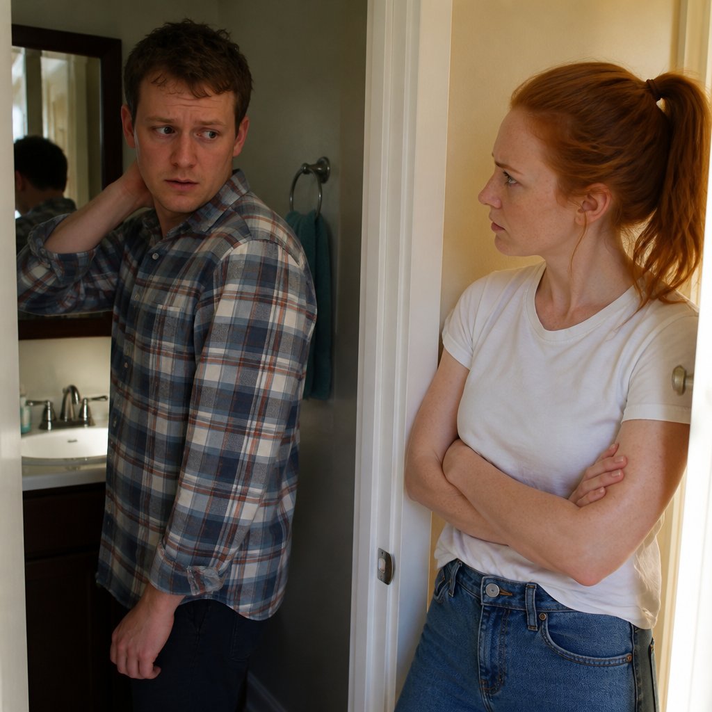 Man nervously explaining in a small bathroom, woman listening skeptically outside