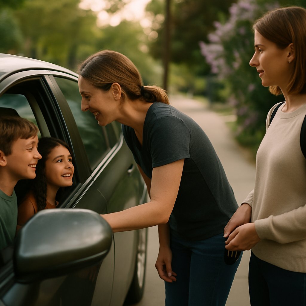 Neighbor talking through car window to kids, mother watching from outside.