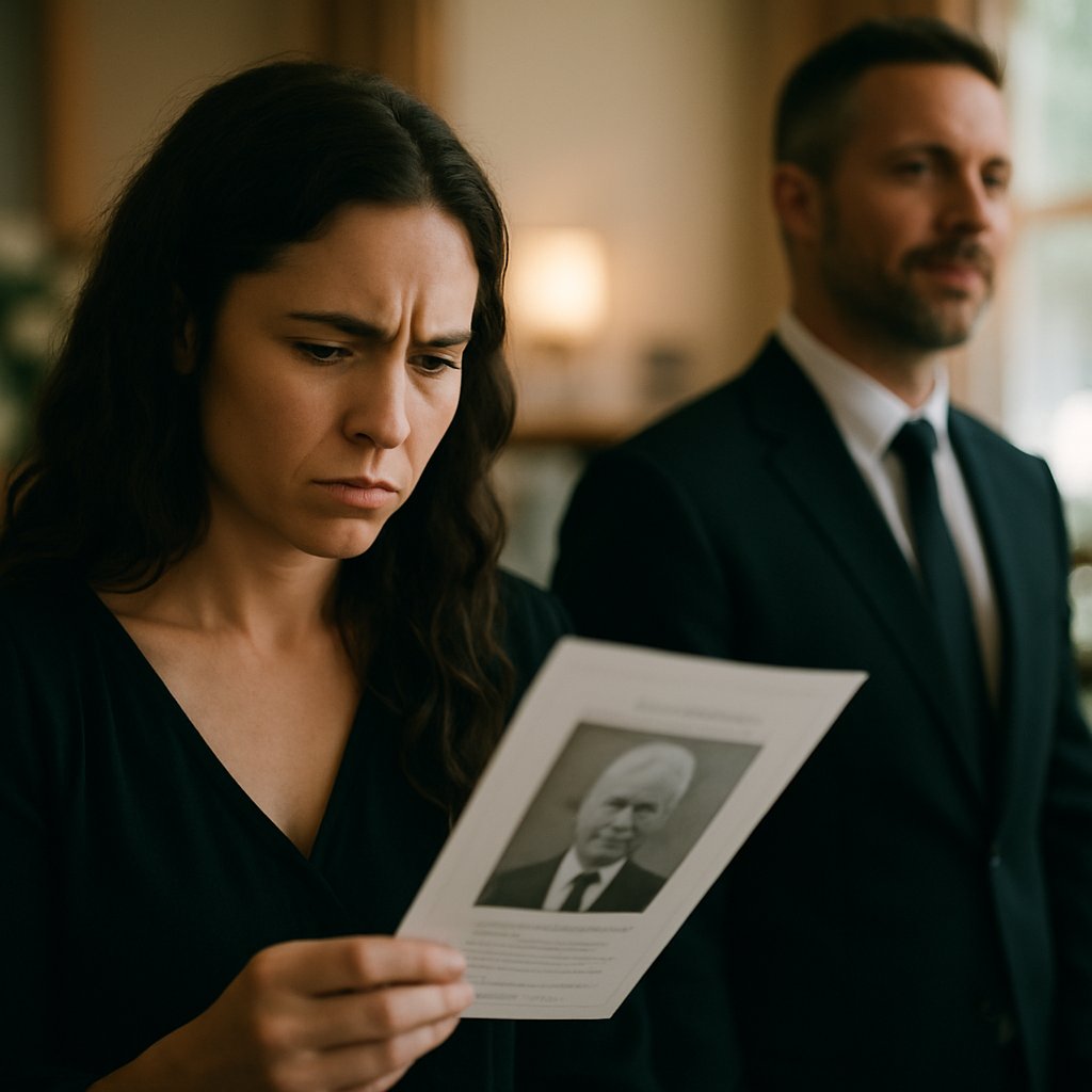 Woman reviewing obituary printout at funeral home while a man watches nearby with a guarded expression.