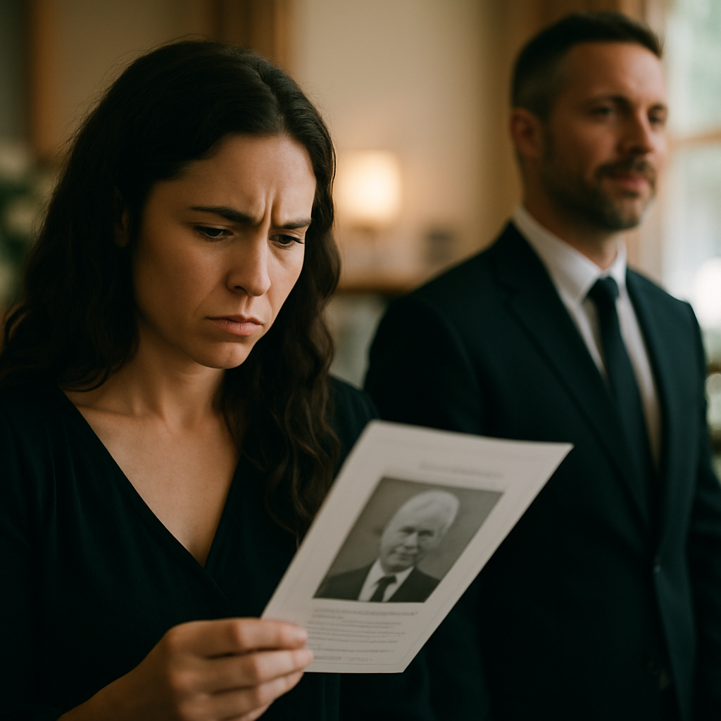 Woman reviewing obituary printout at funeral home while a man watches nearby with a guarded expression.