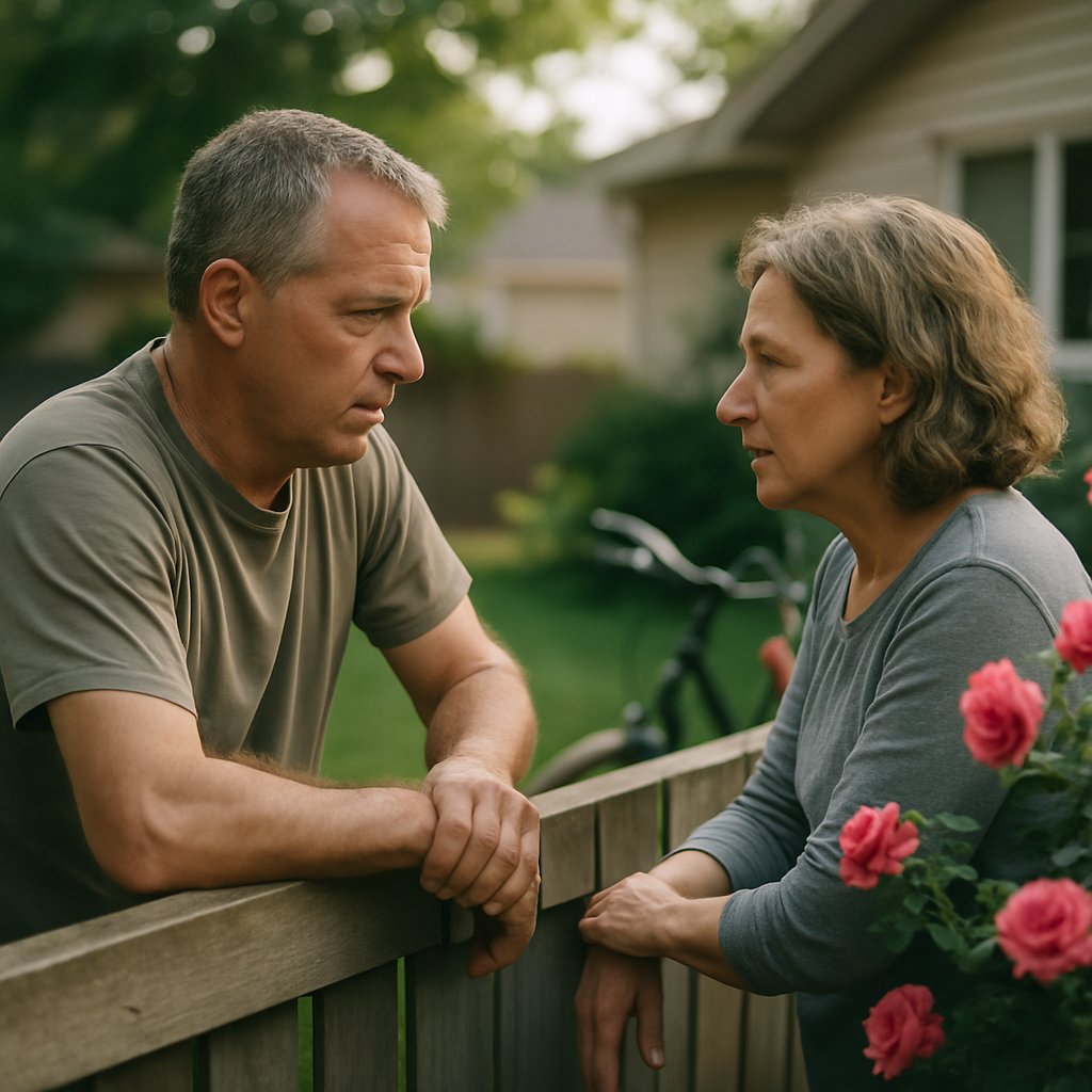 Two neighbors talking over a fence with rose bushes and bicycle nearby in a suburban yard.