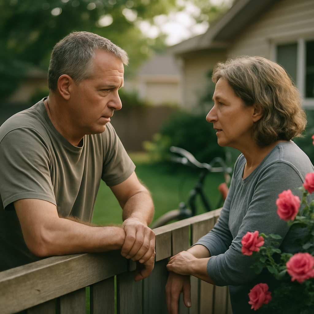 Two neighbors talking over a fence with rose bushes and bicycle nearby in a suburban yard.