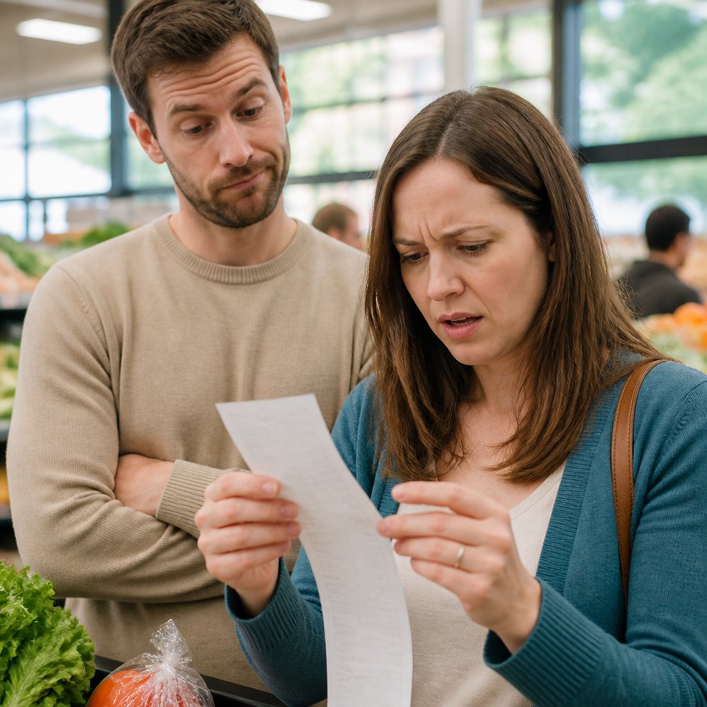 Woman holding grocery receipt looking puzzled, man behind her watching in supermarket checkout