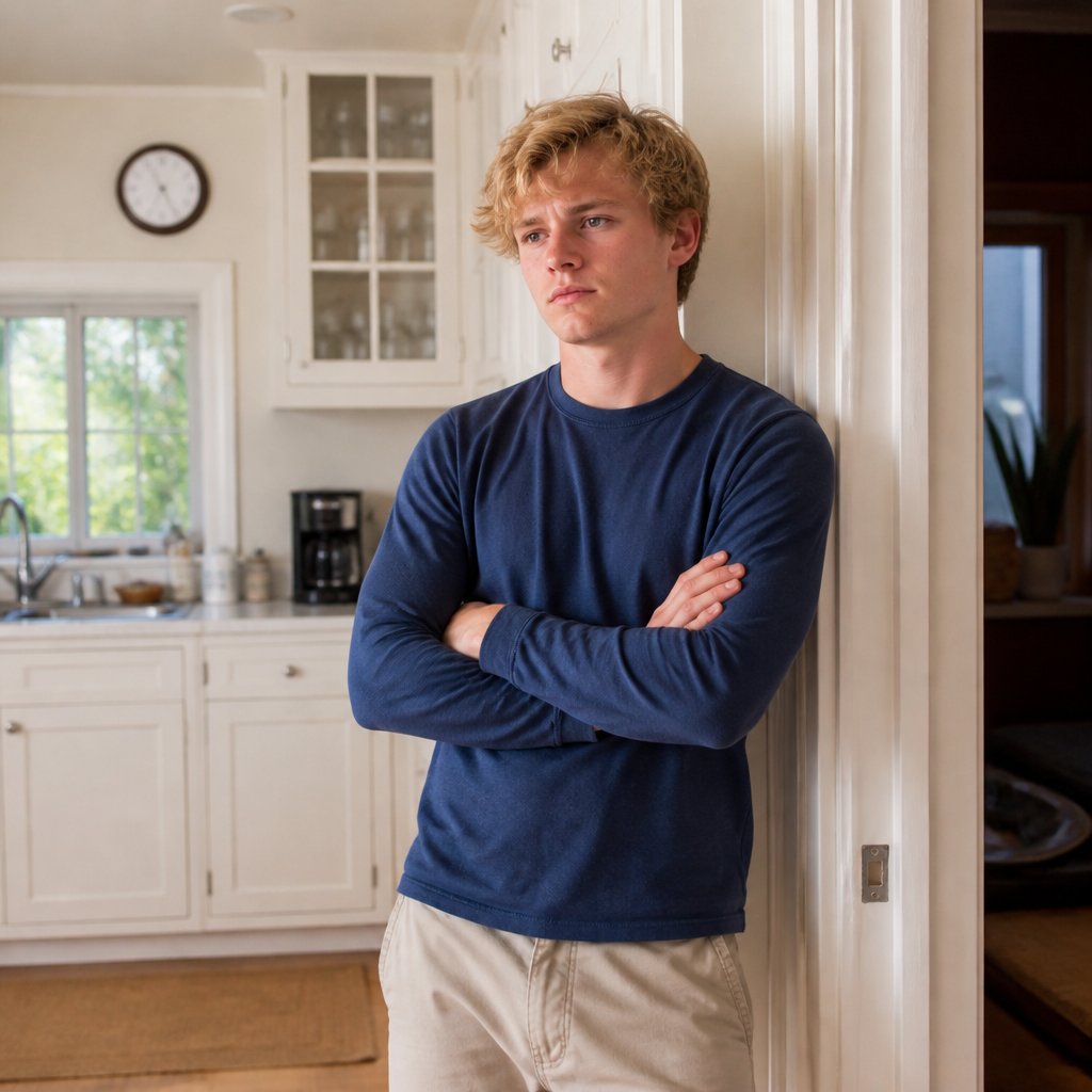 Man standing in kitchen doorway looking frustrated after Mark suggests working earlier
