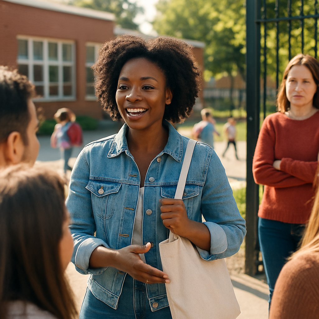 Woman introducing herself confidently at school pickup, another woman watching from afar