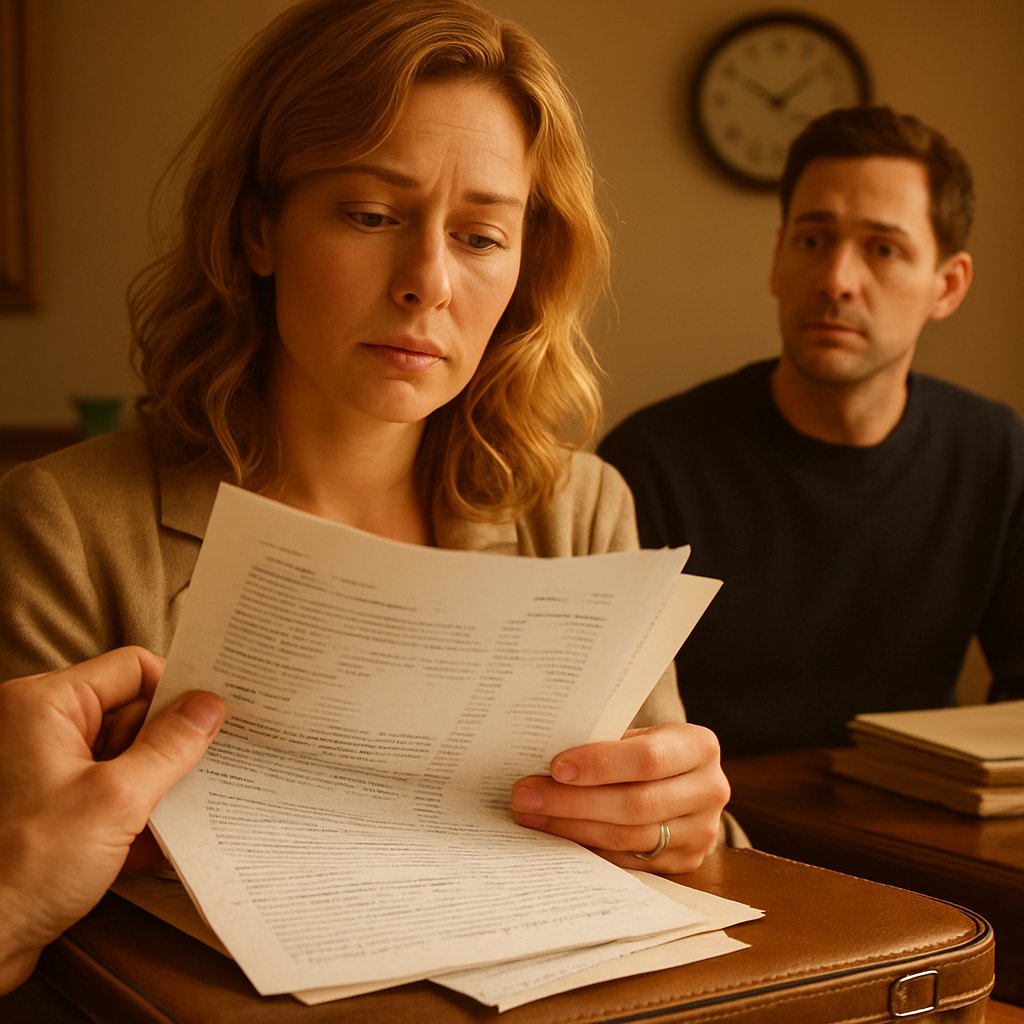 Typed bank documents with handwritten notes sit on a briefcase as a man in a navy sweater looks uncertain.