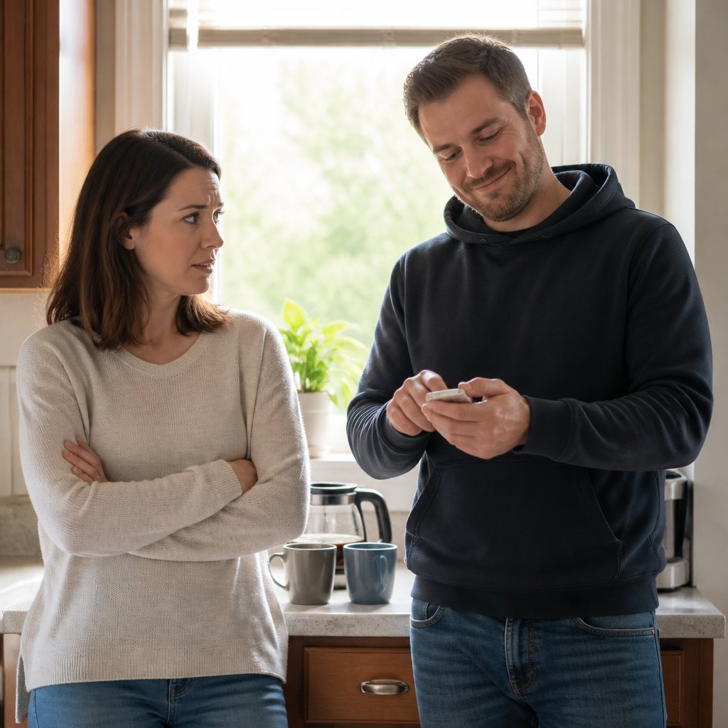 Man smirking while deleting something on phone as woman watches doubtfully.