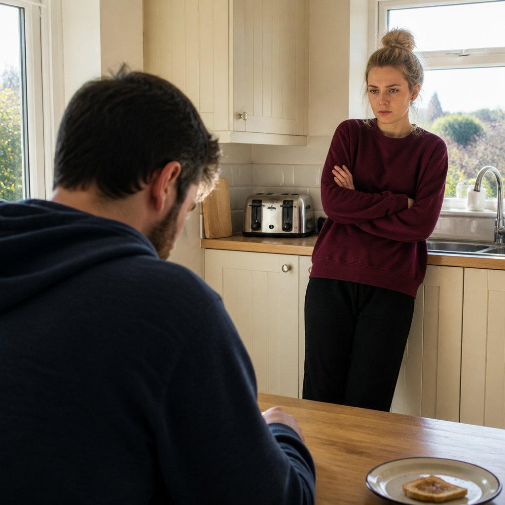Man typing on phone at kitchen table, woman watching tensely from counter.