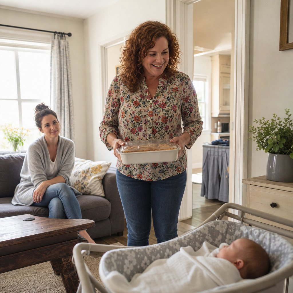 A woman delivering a casserole while calling a sleeping baby by the wrong name, with another woman watching quietly.