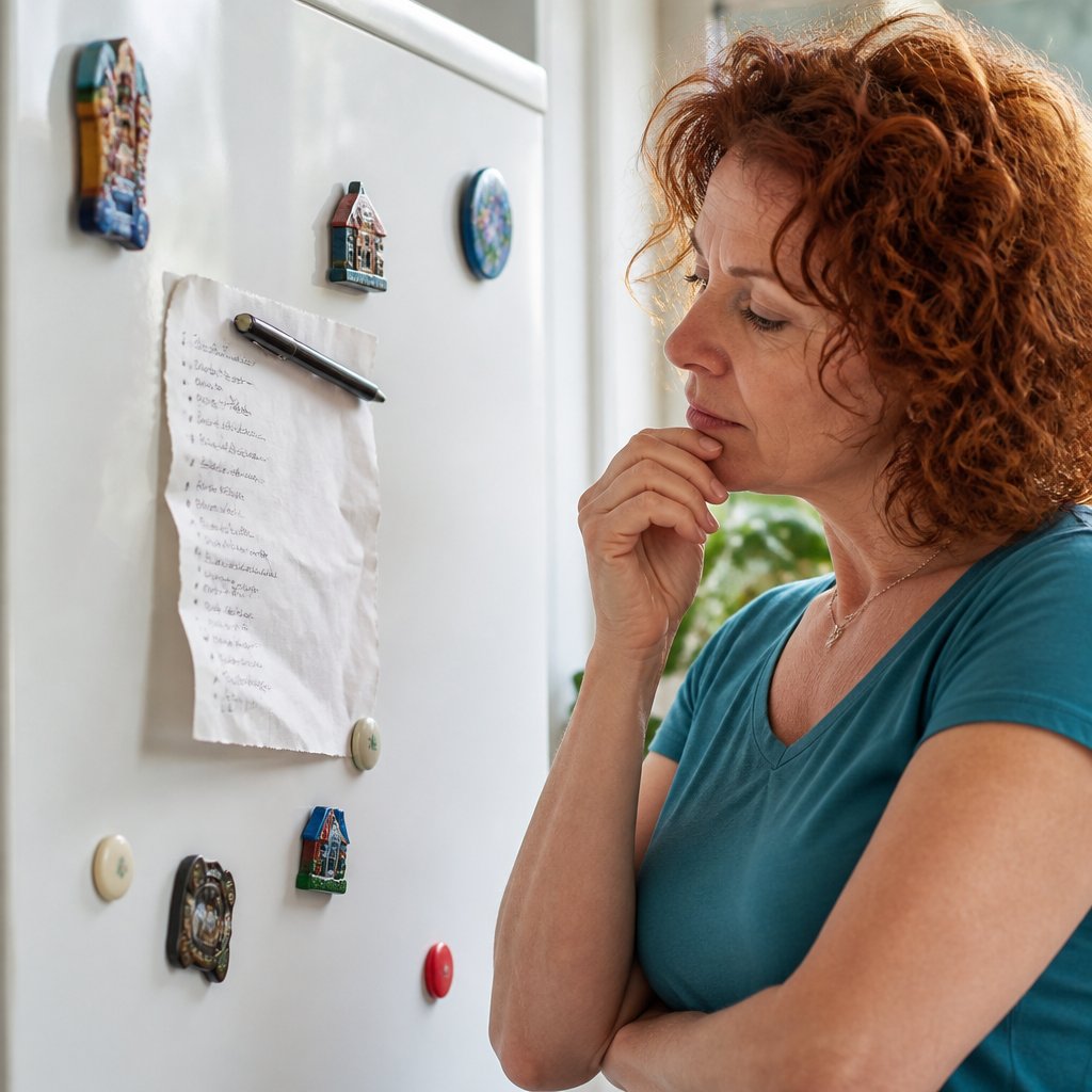 Hand hovering near a handwritten paper list on refrigerator.