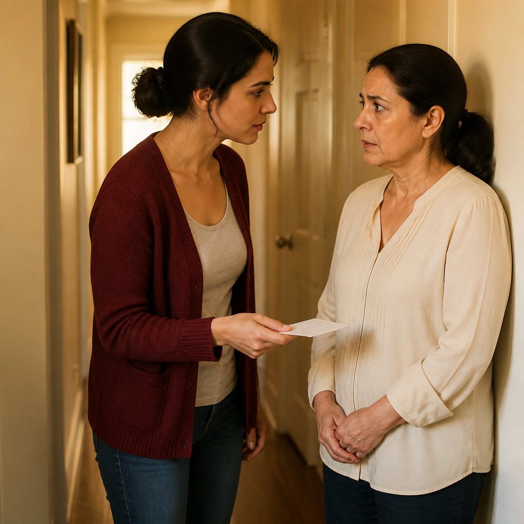 Daughter-in-law pressing a cash-filled envelope to the woman in cream blouse in an office hallway.