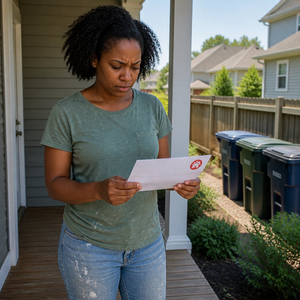 Woman in green T-shirt stands on porch holding HOA complaint envelope near trash bins.