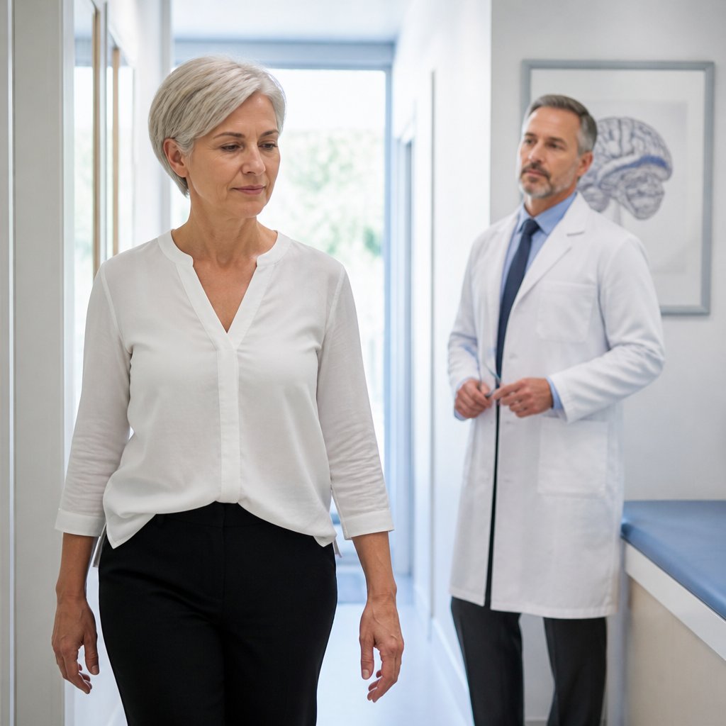 Woman walking in hallway during neurologist exam, doctor observing with reflex hammer.