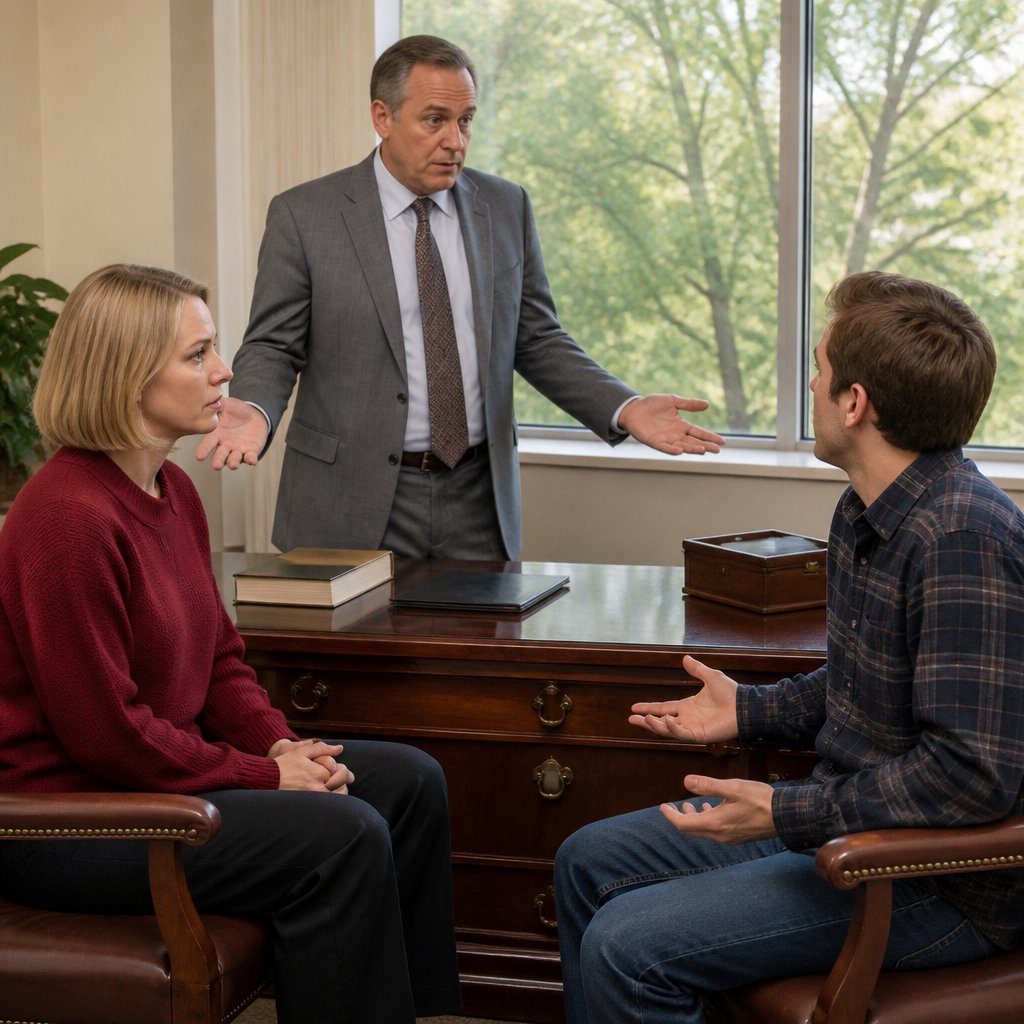 Attorney and man debating in a law office while a woman watches.
