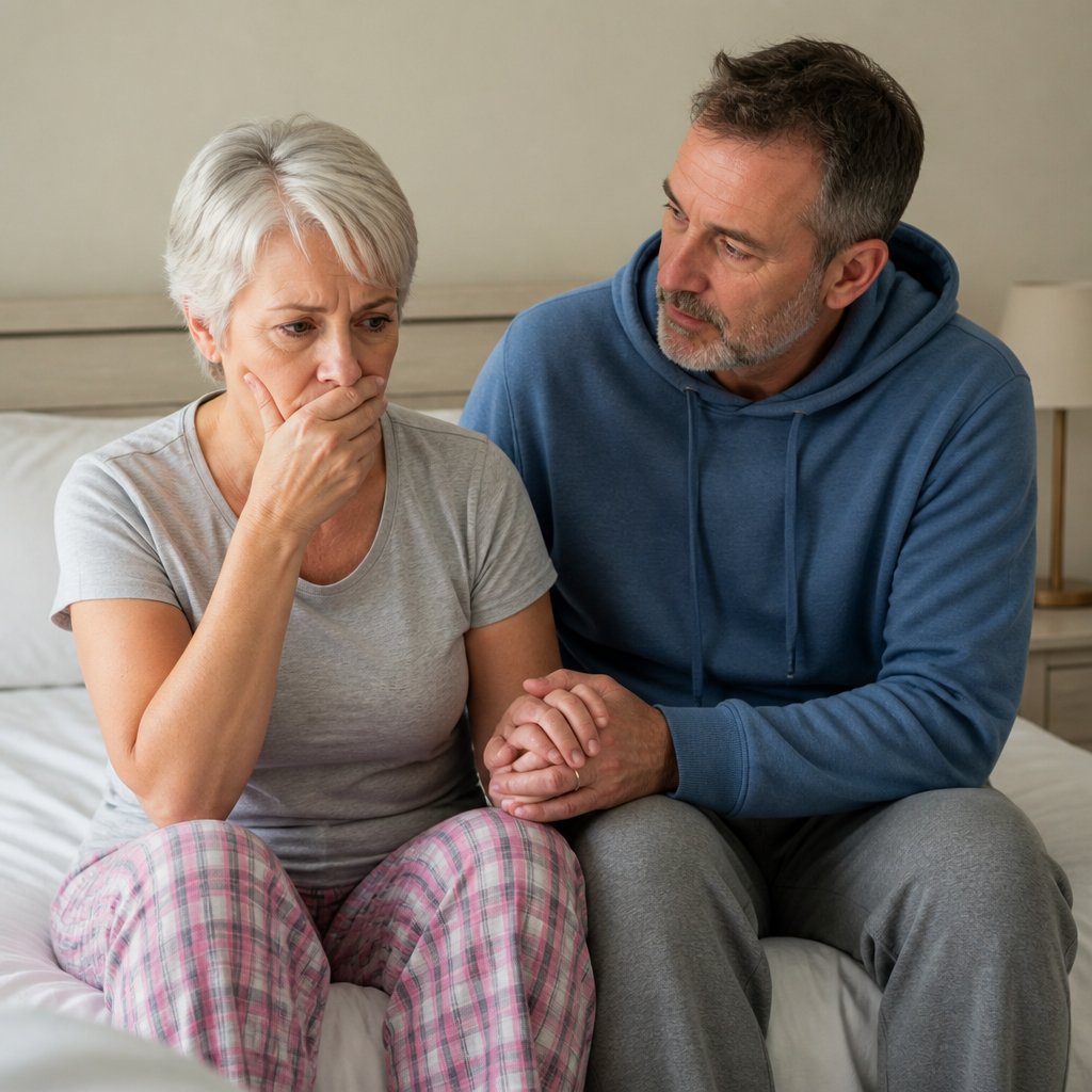 Woman reacting to metallic taste during nighttime episode, spouse offering comfort.