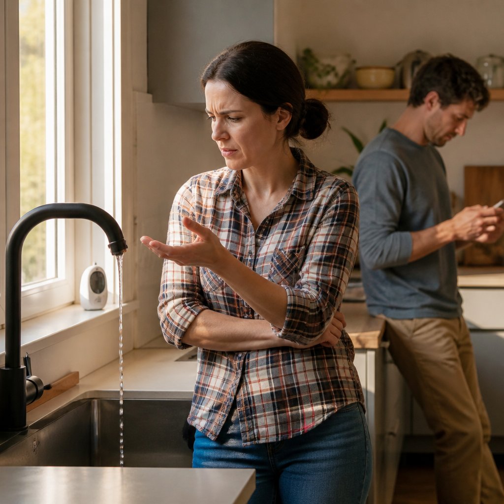 Woman by kitchen sink with dripping faucet, baby monitor on windowsill, husband reading phone.