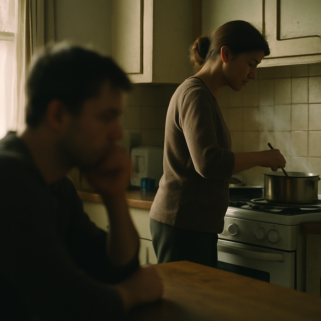 Family dinner with roasted vegetables, mom talking, daughter uneasy