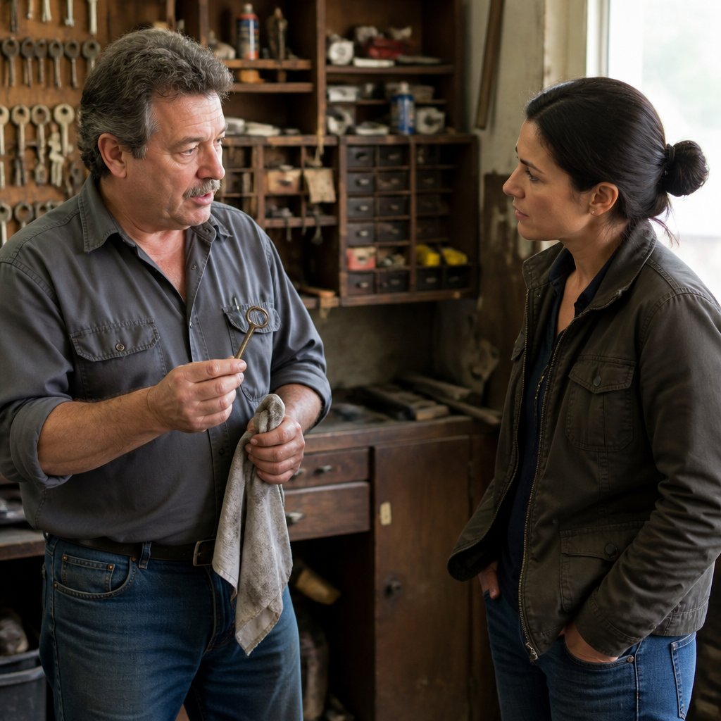 Locksmith explaining to a person, holding a key, workshop background.