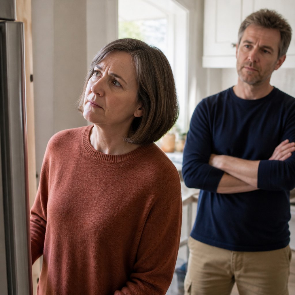 Woman looking at 'No Yelling' rule on fridge, man standing behind arms folded, kitchen scene.
