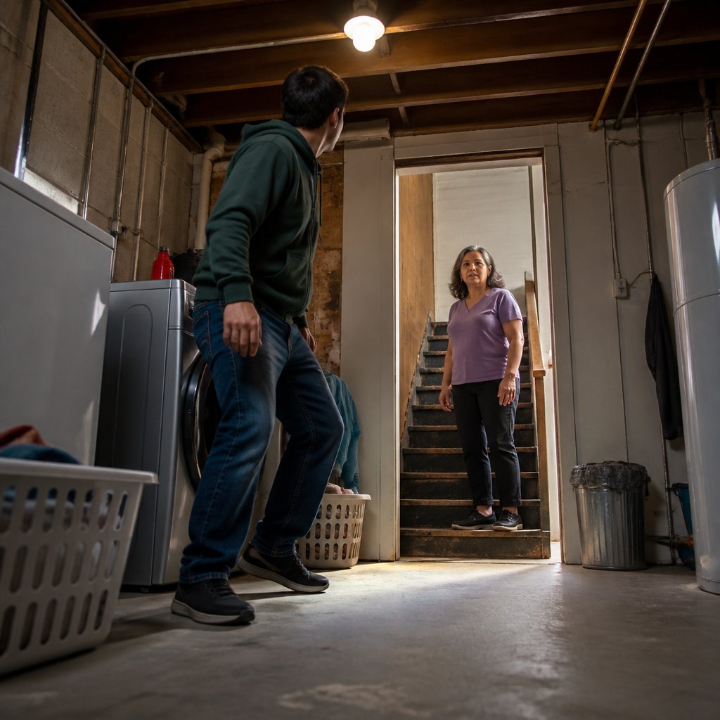 Man snapping at woman near basement stairs, casual clothes, tense moment.