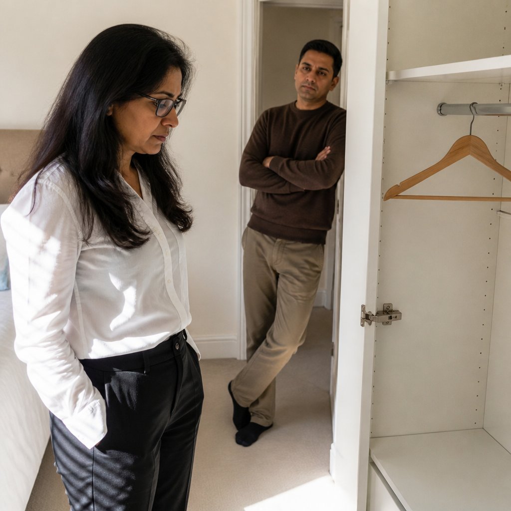Woman looking at empty hanger where navy dress hung, man watching from doorway.