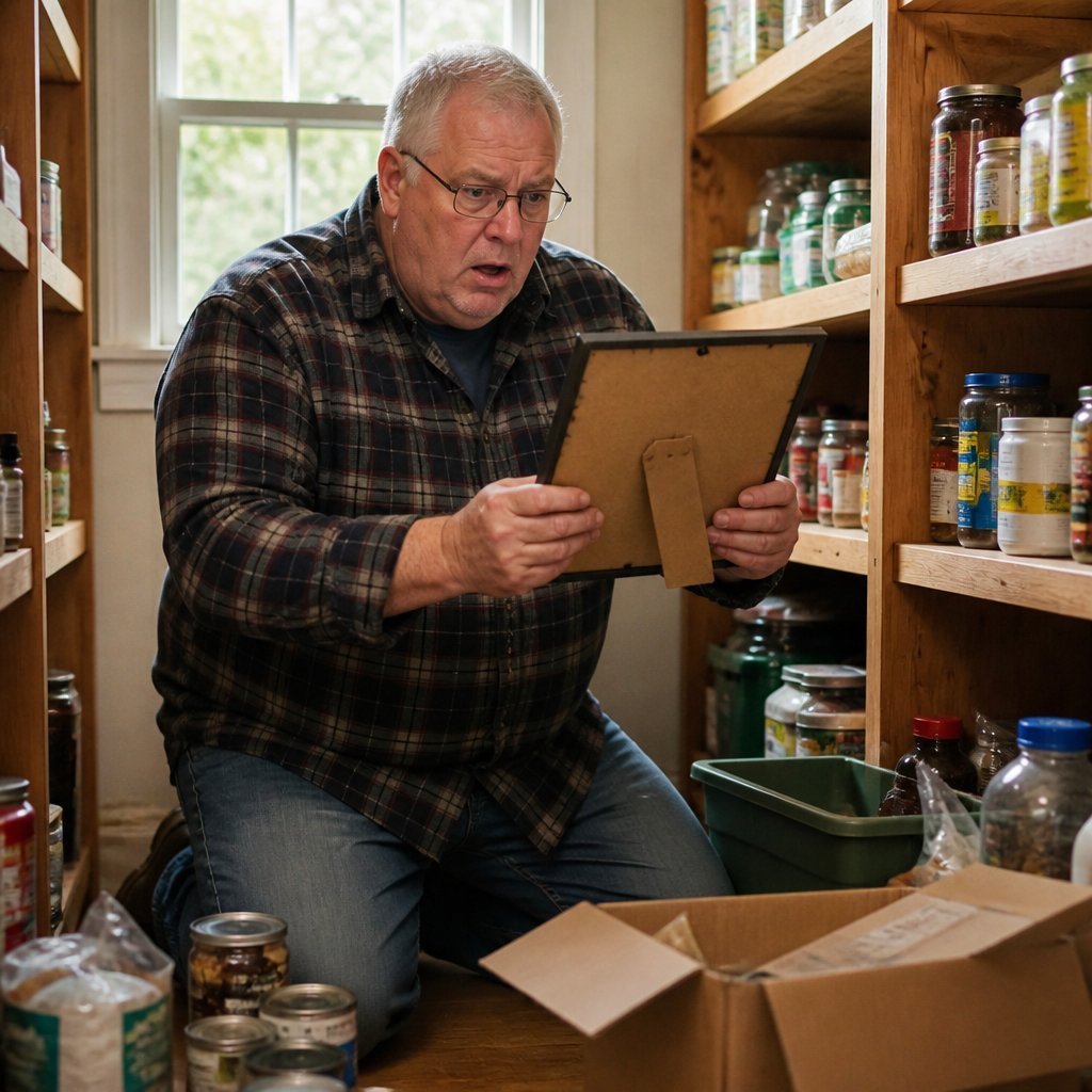 Man kneeling in a pantry, holding a hidden photo frame behind canned foods, expression tense.