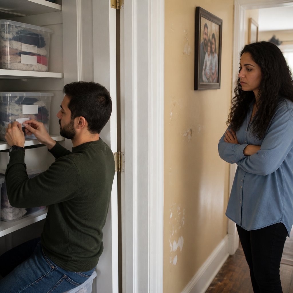 Man labeling bins in closet while woman watches worried from hallway.