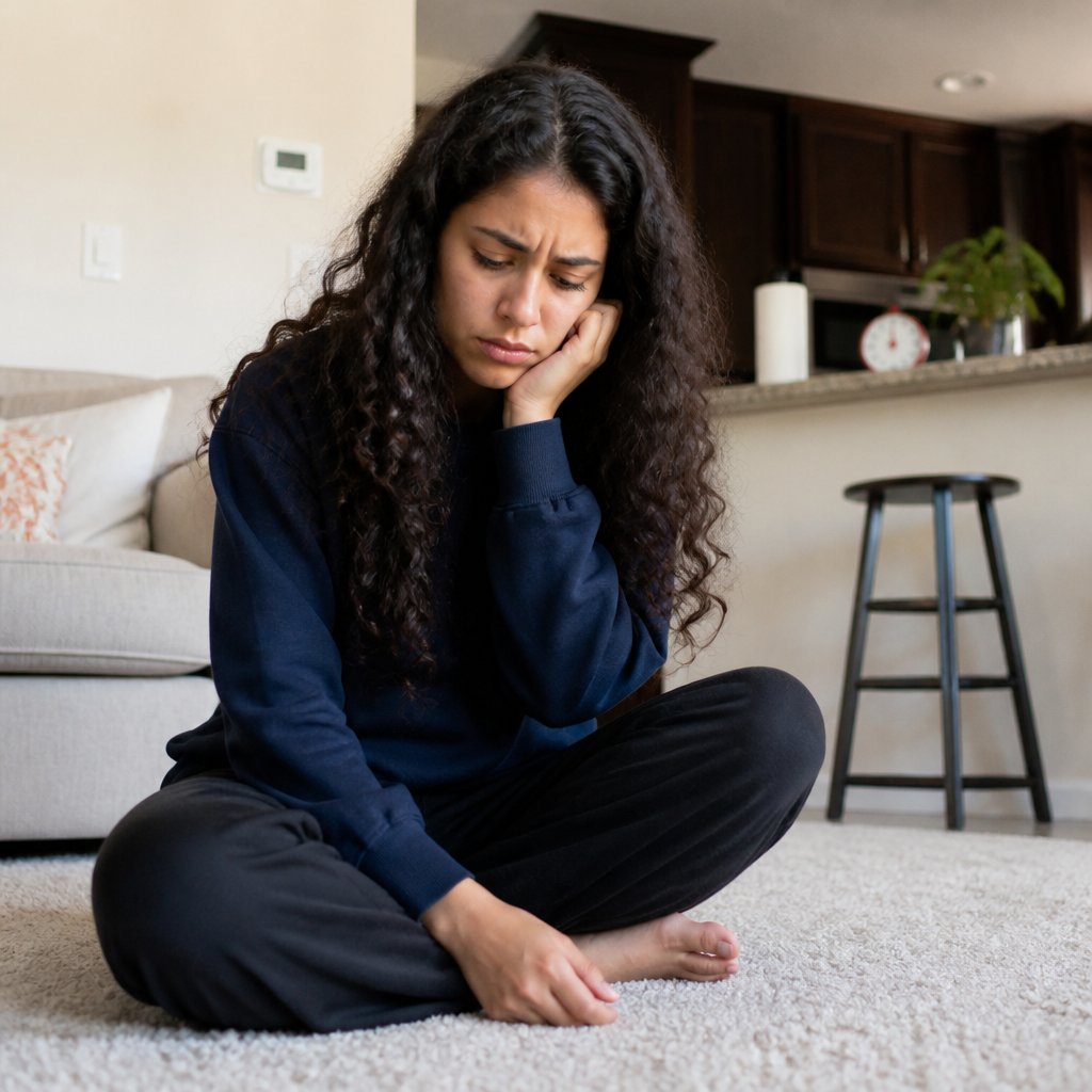 Woman sitting on carpet looking worried at her phone with kitchen timer behind her