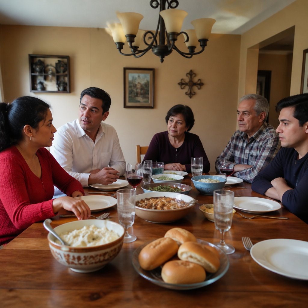 Family dinner scene with tense atmosphere, man speaking while woman looks shocked