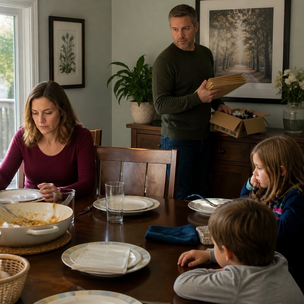 Cal stands with folders at the sideboard while Ivy sits tense at the dining table, staring at a face-down phone.