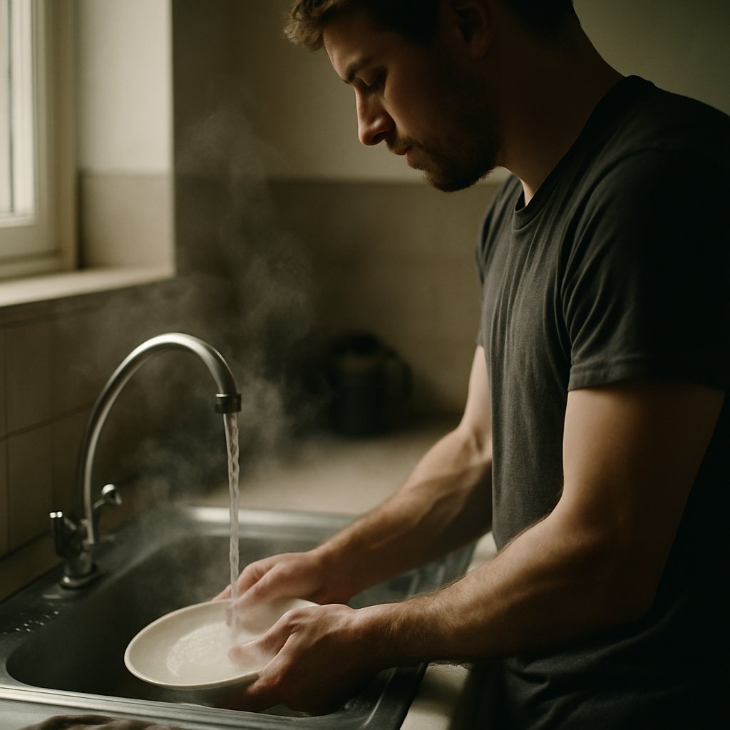 Man washing dishes at sink with steam rising