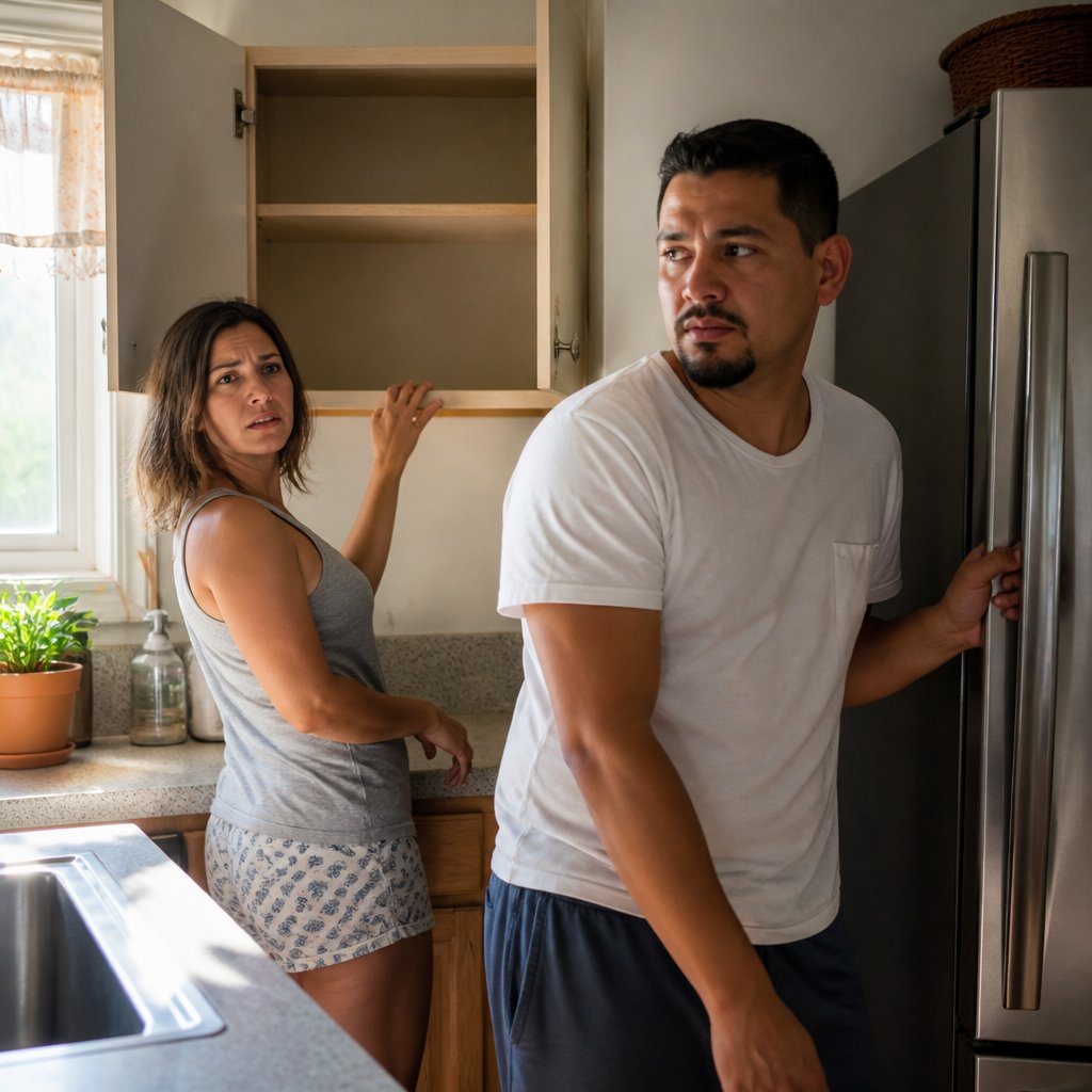 Mara touches the empty cabinet shelf where the toaster was while Evan avoids her gaze by the fridge.