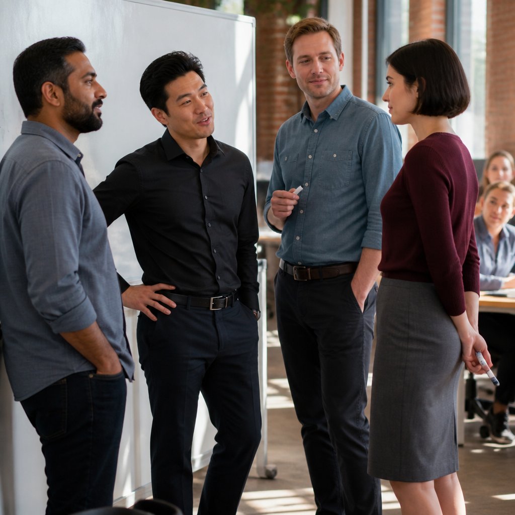 Near a whiteboard, Jonah jokes about “work wife” while Dylan smiles and Mara forces a polite reaction as others quietly watch.