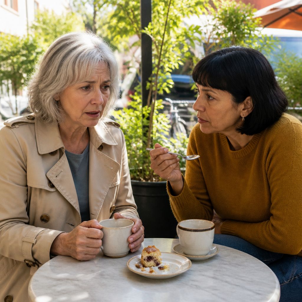Nina clutches her coffee cup as Gia leans in, serious, at a café table.