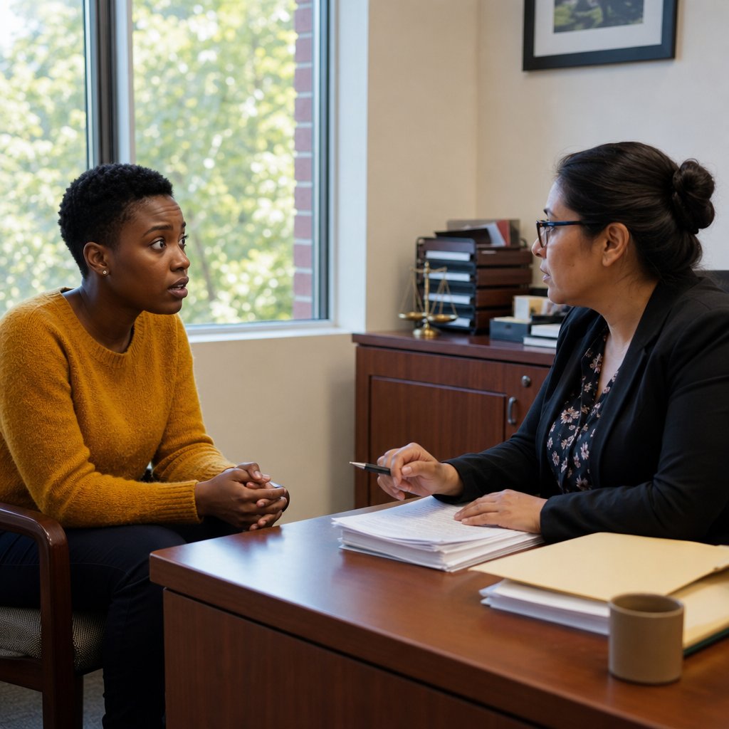 Mara leans forward as her lawyer points to a clause in the divorce papers, both looking tense.