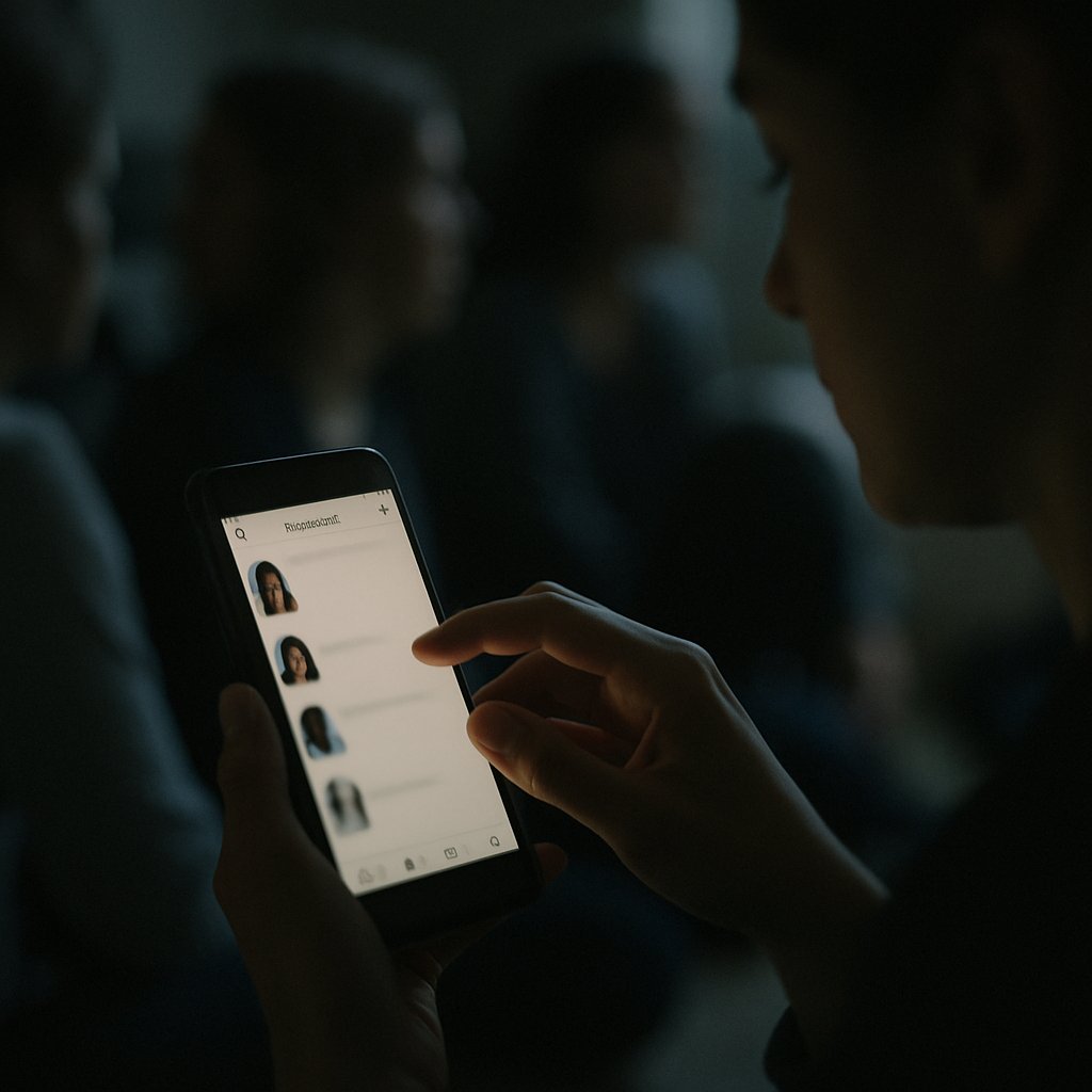 Phone screen showing a group chat invite with a hesitant hand nearby in dim light.