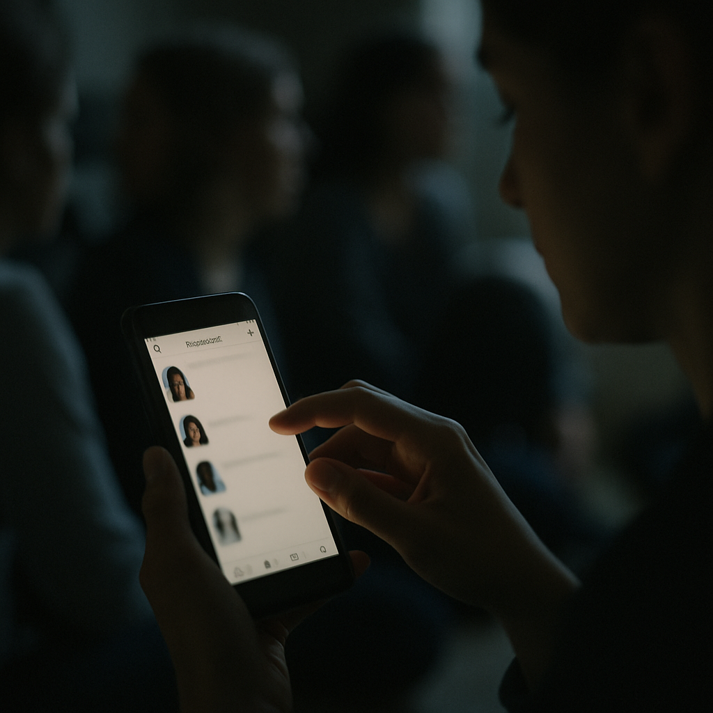 Phone screen showing a group chat invite with a hesitant hand nearby in dim light.
