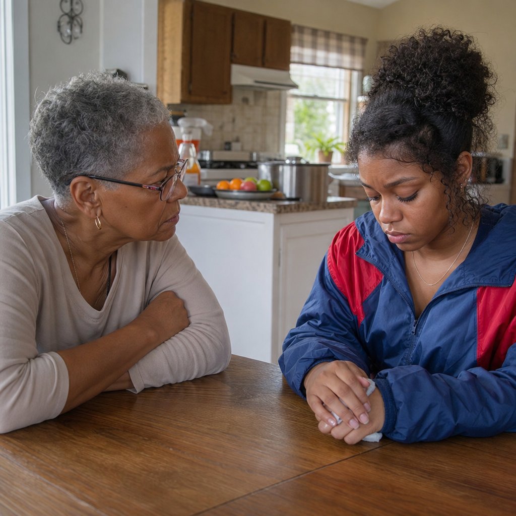 An older woman leans forward at a kitchen table while a younger woman sits ashamed with a face-down phone between them.