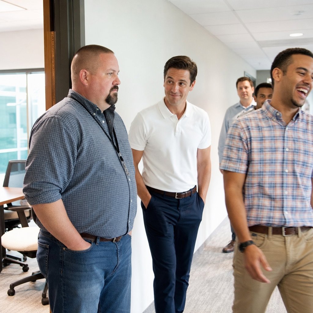 In an office hallway, a smirking coworker stands beside a tense man as another colleague walks away laughing.