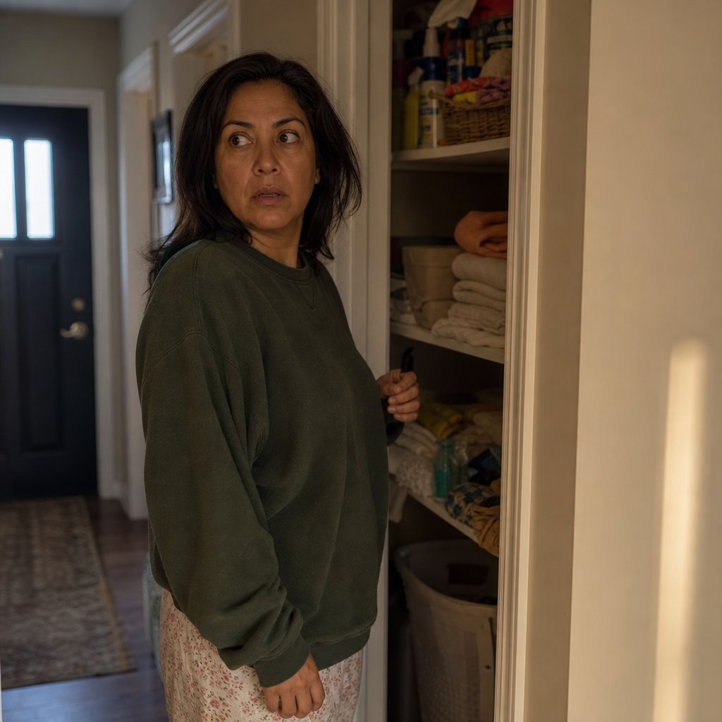 Mara stands by an open linen closet, frozen as a doorbell interrupts her.