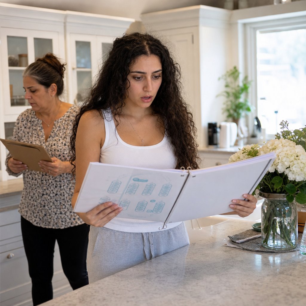 Bride studies a seating chart in her binder, stunned, while her mother rushes in the background.