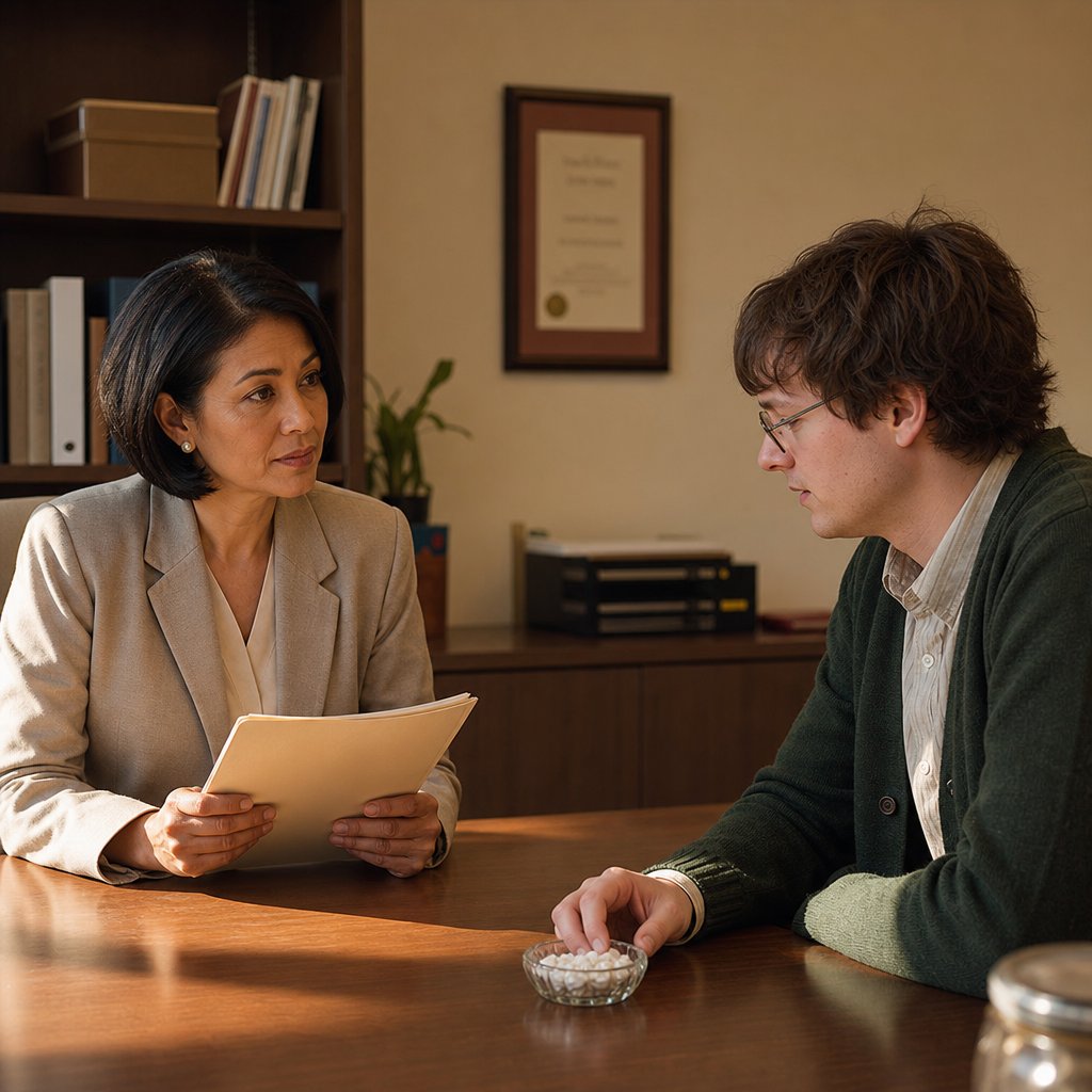 In an HR office, Dana questions Iris while he sits hunched, hand hovering near a dish of mints.