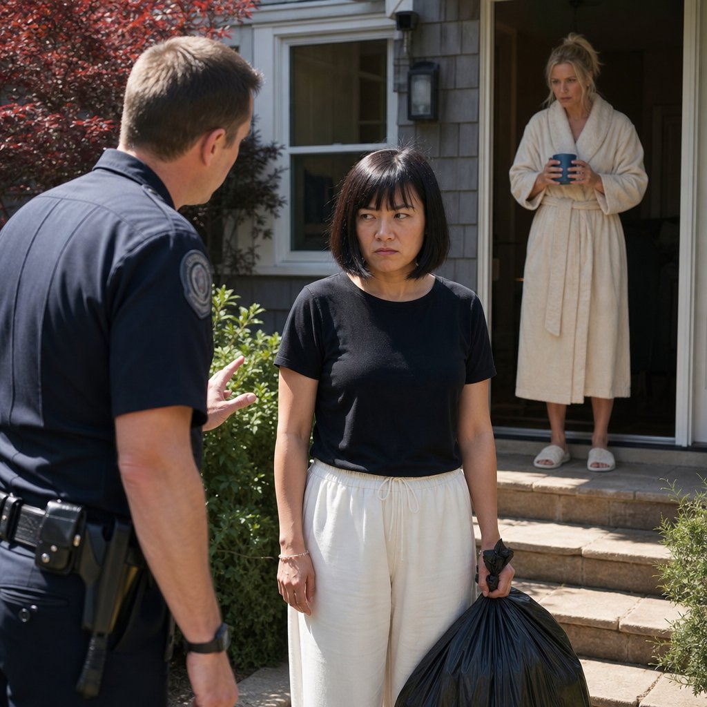 A woman stands on the walkway with a trash bag and a facedown phone while a police officer urges her away and a blonde woman watches from the doorway.