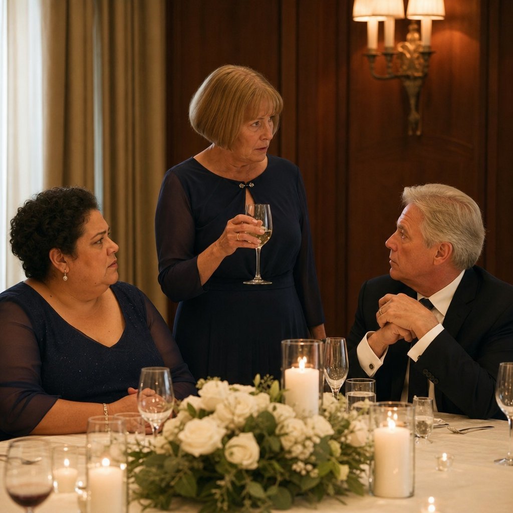 At the rehearsal dinner, the mother-in-law toasts while locking eyes with the groom’s father.