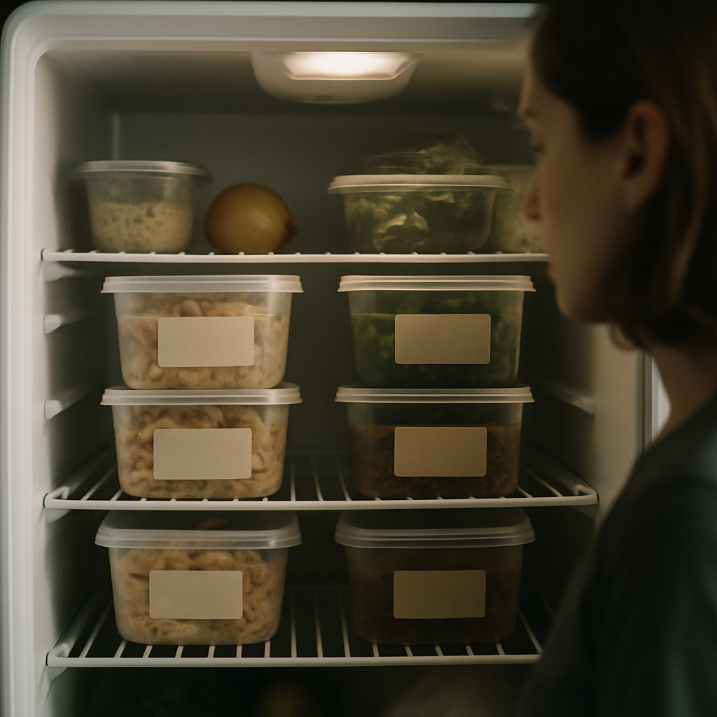Labeled food containers inside a home refrigerator.